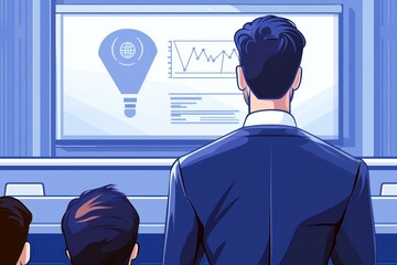Poster - Business professionals observing data analytics on a screen during a meeting.
