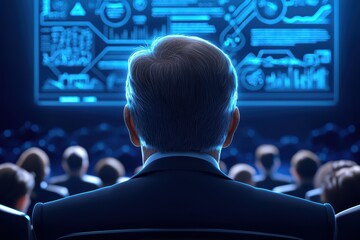 Poster - Business presentation with audience focused on digital data screens, back view of a speaker in a suit.