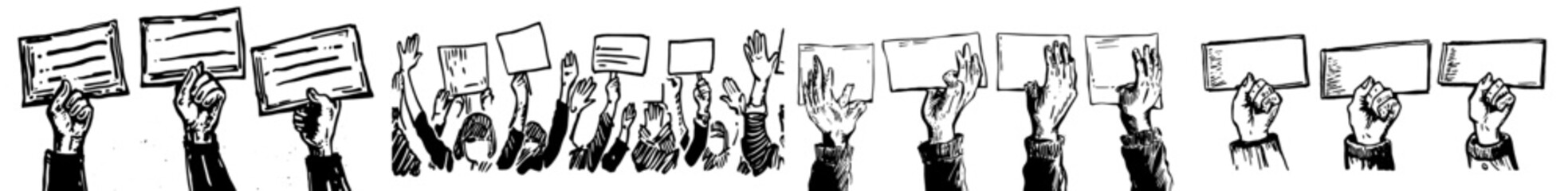 Hands holding placards in a protest demonstration. Modern line drawing of protest hands holding blank placards, conveying activism or public expression in protest.