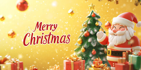 A festive banner featuring two Santa Claus characters with presents, a decorated Christmas tree in the center, and a sparkling yellow background with 