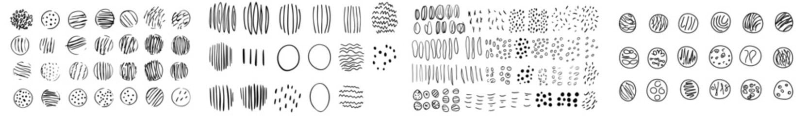 Poster - Colorful doodle shapes in the shape of circles. Spots, lines, splashes, curves, stripes and dots adorn the background.
