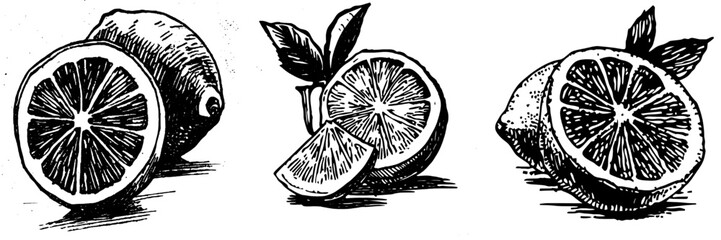 Modern Lemon Illustration in Vintage Woodcut Style in Black and White