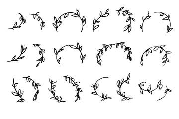 Wall Mural - Isolated set of spring wreaths drawn by hand. Floral doodle frames with silhouette leaves.