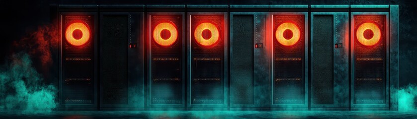 Poster - Futuristic data center with glowing red lights and dark, moody atmosphere.