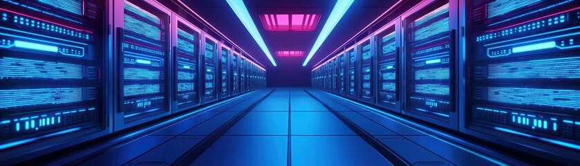 Poster - Futuristic data center with illuminated servers and cool blue and pink lighting.