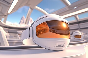Poster - Futuristic virtual reality headset with orange lenses in a modern setting, showcasing innovation and design.