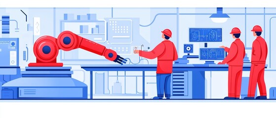 Poster - Robotic arm interacting with engineers in a high-tech factory setting, showcasing modern automation.