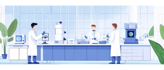 Poster - three scientists collaborating in a modern laboratory with equipment and plants.