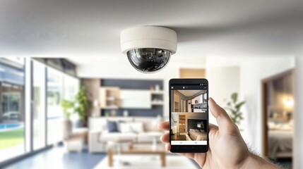 Poster - Security camera viewing live stream on smartphone app in modern house interior