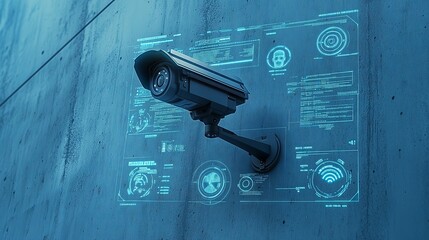 Poster - Security camera monitoring with futuristic hud interface displaying data analysis