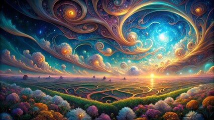 Wall Mural - an ethereal landscape where celestial swirls dance amidst vibrant blossoms, a cosmic symphony of lig