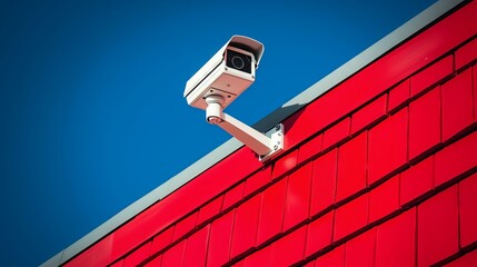 Poster - White security camera monitoring a red building under blue sky