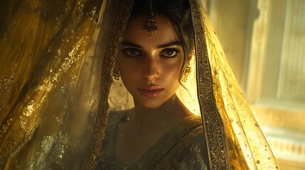 A powerful portrait of a woman in a royal lehenga, her face lit with golden light and framed by an intricately detailed dupatta. Background softly blurred with classic palace decor, hd quality,