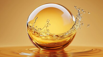 Poster - a droplet of golden liquid creates a splash while hovering above a calm surface at sunset, showcasin