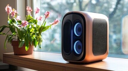 Modern wireless speaker with two drivers and a stylish design on a wooden shelf in front of a window.