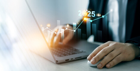 Leinwandbilder - New goal opportunity, challenge and strategy in 2025. New plans,goals and visions in business for new year 2025. Increase chart arrow graph corporate business future growth new year 2025.	
