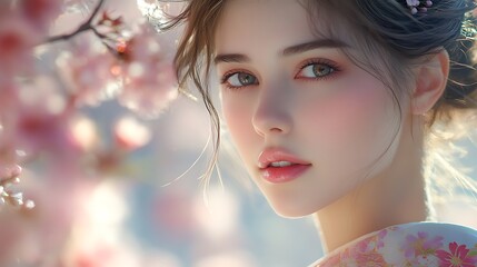 Close-up of a woman in a traditional kimono, her face illuminated by soft natural light, eyes serene, with makeup highlighting her features. Background softly showcasing blurred cherry blossoms,