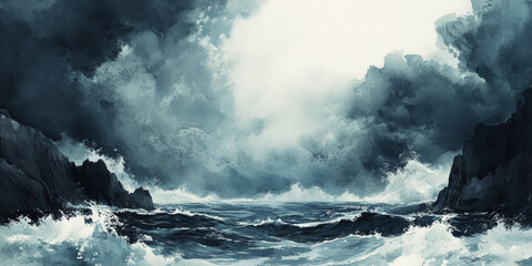  Hand painted watercolor of a moody ocean scene with crashing waves and dark storm clouds