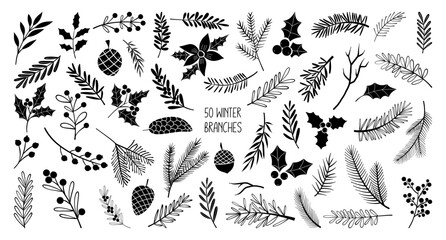 Line drawing Christmas winter branch silhouettes (pine branches, holly leaves, pinecones, fir tree twigs), hand drawn vector illustration