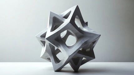 Poster - Abstract geometric sculpture made of concrete with intricate cutout patterns displayed on a minimalist surface in bright lighting