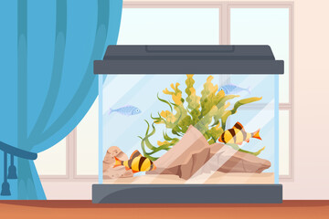 Wall Mural - aquarium with vibrant fish and plants, set beside a blue curtain, symbolizing a calm and natural ind