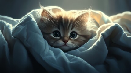 Poster - Adorable kitten peeking from soft blanket