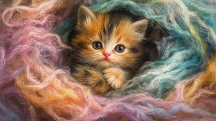 Poster - Adorable Kitten Nestled in Colorful Yarn