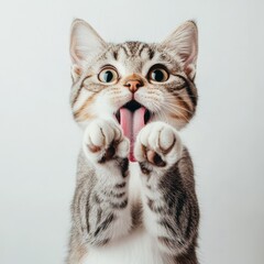 Surprised cat covers mouth with paws, no background/transparent