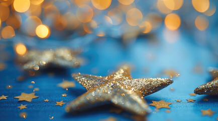 Poster - Gold Christmas stars lay on blue background.
