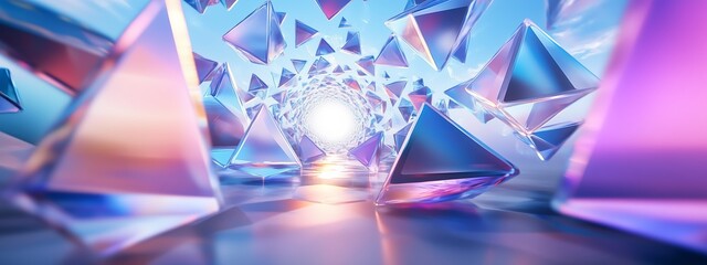 Poster - vibrant geometric prisms reflecting light in a tunnel-like structure, creating a captivating visual 