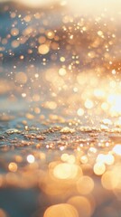 Poster - Vibrant golden hues reflect on water as sunlight sparkles on gentle waves, creating a peaceful beach atmosphere at dusk