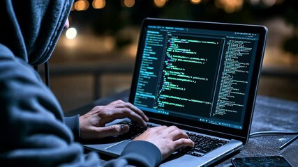 A hooded figure types on a laptop at night, their screen filled with lines of code