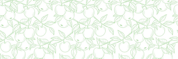 Poster - Fresh line art apple print banner, vintage vector repeat pattern with fruits, elegant background design
