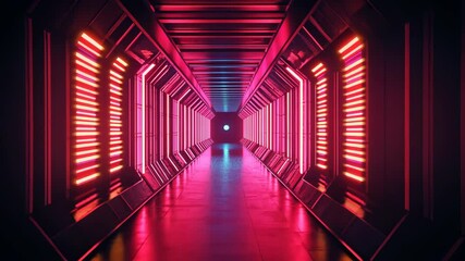 Poster - A long, futuristic hallway with vibrant pink neon lights illuminating the walls