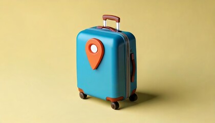 A colorful blue suitcase with a location pin design, sitting against a yellow background, ideal for travel and adventure.