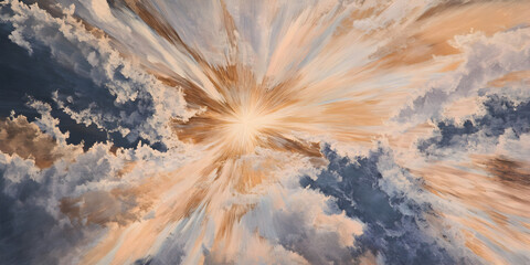 Sticker - Celestial Burst: A breathtaking, impressionistic painting of a radiant sun bursting through dramatic clouds, evoking feelings of hope, wonder, and spiritual awakening.