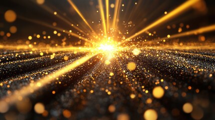 Poster - A vibrant golden starburst erupts, filling the space with sparkling particles that dance across a dark background, creating a stunning effect