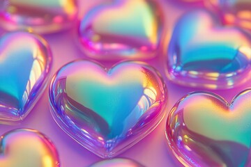 Poster - Many iridescent rainbow colored hearts reflecting light on a purple background create a vibrant and romantic atmosphere