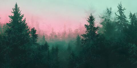 Poster - Misty Evergreen Forest at Dawn: A serene landscape painting of a dense evergreen forest shrouded in a mystical morning mist, bathed in the soft, ethereal glow of a pink and teal sunrise.  