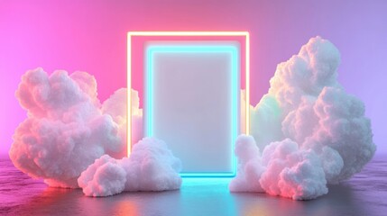 Poster - The vibrant neon square stands out as colorful clouds envelop it, creating a dreamlike and surreal ambiance