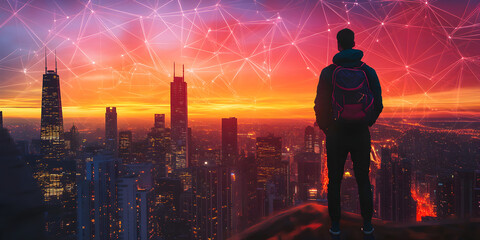Poster - The Urban Explorer: A lone figure contemplates the vast urban landscape, bathed in the golden hues of a sunrise, with intricate connections forming a network of possibilities.