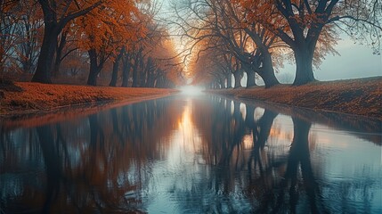 Poster - A classic line of trees by the river in Autumn, curved branches reached towards the surface of water, bright colors, water reflection.