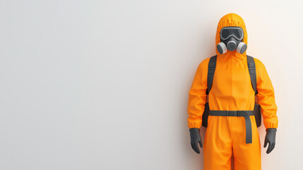 person in protective gear stands against plain background, showcasing safety measures for hazardous environments. bright orange suit highlights importance of health risk protection