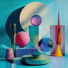 Poster - Modern still life composition featuring colorful geometric shapes, spheres, cones, and prisms, casting shadows on a vibrant teal backdrop