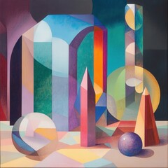 Poster - Abstract still life painting featuring colorful geometric shapes, including spheres, cones, and prisms, arranged on a surface