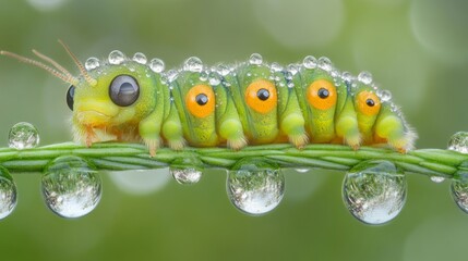 Aufkleber - Colorful Caterpillar with Water Droplets on Green Leaf