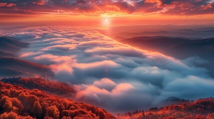 Poster - In the morning, there is a soft and hazy red sun in the clouds on the horizon. golden clouds and white mist cover the entire sky, and below is an autumn valley.