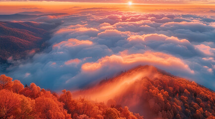 Poster - In the morning, there is a soft and hazy red sun in the clouds on the horizon. golden clouds and white mist cover the entire sky, and below is an autumn valley.