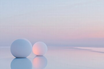 Poster - Two white spheres sit on a reflective surface with a soft pink and blue sunset in the background, creating a minimalist and serene scene