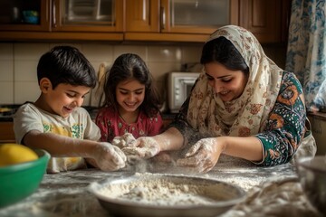 Wall Mural - Happy pakistani mother teaching children how to knead dough, making traditional bread together in kitchen, family bonding activity